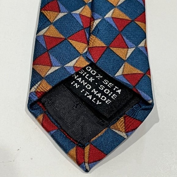 Mondo Uomo Bright Geometric Diamond Design Silk Tie Handmade In Italy - Picture 8 of 10
